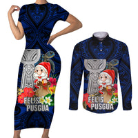Custom Guam Christmas Couples Matching Short Sleeve Bodycon Dress and Long Sleeve Button Shirt Santa Gift Latte Stone and Sea Turle Mix Hibiscus Chamorro Blue Style LT03