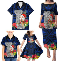 Custom Guam Christmas Family Matching Puletasi Dress and Hawaiian Shirt Santa Gift Latte Stone and Sea Turle Mix Hibiscus Chamorro Blue Style LT03
