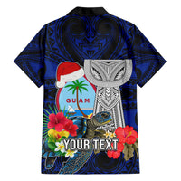 Custom Guam Christmas Hawaiian Shirt Santa Gift Latte Stone and Sea Turle Mix Hibiscus Chamorro Blue Style LT03 - Polynesian Pride