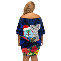 Custom Guam Christmas Off Shoulder Short Dress Santa Gift Latte Stone and Sea Turle Mix Hibiscus Chamorro Blue Style LT03 - Polynesian Pride