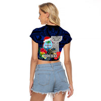 Custom Guam Christmas Raglan Cropped T Shirt Santa Gift Latte Stone and Sea Turle Mix Hibiscus Chamorro Blue Style LT03