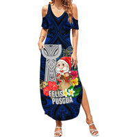 Custom Guam Christmas Summer Maxi Dress Santa Gift Latte Stone and Sea Turle Mix Hibiscus Chamorro Blue Style LT03 Women Blue - Polynesian Pride