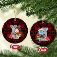 Guam Christmas Ceramic Ornament Santa Gift Latte Stone and Sea Turle Mix Hibiscus Chamorro Red Style LT03 Circle Red - Polynesian Pride