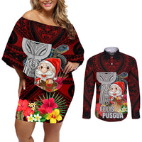 Guam Christmas Couples Matching Off Shoulder Short Dress and Long Sleeve Button Shirt Santa Gift Latte Stone and Sea Turle Mix Hibiscus Chamorro Red Style LT03 Red - Polynesian Pride
