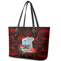 Guam Christmas Leather Tote Bag Santa Gift Latte Stone and Sea Turle Mix Hibiscus Chamorro Red Style LT03