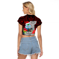 Guam Christmas Raglan Cropped T Shirt Santa Gift Latte Stone and Sea Turle Mix Hibiscus Chamorro Red Style LT03