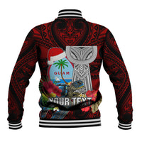 Custom Guam Christmas Baseball Jacket Santa Gift Latte Stone and Sea Turle Mix Hibiscus Chamorro Red Style LT03 - Polynesian Pride