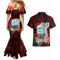 Custom Guam Christmas Couples Matching Mermaid Dress and Hawaiian Shirt Santa Gift Latte Stone and Sea Turle Mix Hibiscus Chamorro Red Style LT03 - Polynesian Pride