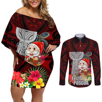 Custom Guam Christmas Couples Matching Off Shoulder Short Dress and Long Sleeve Button Shirt Santa Gift Latte Stone and Sea Turle Mix Hibiscus Chamorro Red Style LT03 Red - Polynesian Pride