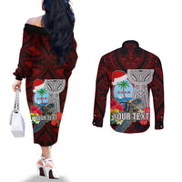 Custom Guam Christmas Couples Matching Off The Shoulder Long Sleeve Dress and Long Sleeve Button Shirt Santa Gift Latte Stone and Sea Turle Mix Hibiscus Chamorro Red Style LT03
