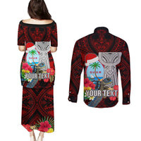 Custom Guam Christmas Couples Matching Puletasi Dress and Long Sleeve Button Shirt Santa Gift Latte Stone and Sea Turle Mix Hibiscus Chamorro Red Style LT03