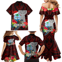 Custom Guam Christmas Family Matching Mermaid Dress and Hawaiian Shirt Santa Gift Latte Stone and Sea Turle Mix Hibiscus Chamorro Red Style LT03