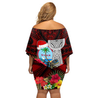 Custom Guam Christmas Off Shoulder Short Dress Santa Gift Latte Stone and Sea Turle Mix Hibiscus Chamorro Red Style LT03 - Polynesian Pride