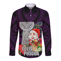 Guam Christmas Long Sleeve Button Shirt Santa Gift Latte Stone and Sea Turle Mix Hibiscus Chamorro Pink Style LT03