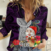 Guam Christmas Women Casual Shirt Santa Gift Latte Stone and Sea Turle Mix Hibiscus Chamorro Pink Style LT03