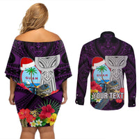 Custom Guam Christmas Couples Matching Off Shoulder Short Dress and Long Sleeve Button Shirt Santa Gift Latte Stone and Sea Turle Mix Hibiscus Chamorro Pink Style LT03