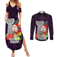 Custom Guam Christmas Couples Matching Summer Maxi Dress and Long Sleeve Button Shirt Santa Gift Latte Stone and Sea Turle Mix Hibiscus Chamorro Pink Style LT03 Pink - Polynesian Pride