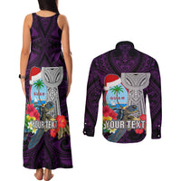 Custom Guam Christmas Couples Matching Tank Maxi Dress and Long Sleeve Button Shirt Santa Gift Latte Stone and Sea Turle Mix Hibiscus Chamorro Pink Style LT03