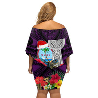 Custom Guam Christmas Off Shoulder Short Dress Santa Gift Latte Stone and Sea Turle Mix Hibiscus Chamorro Pink Style LT03 - Polynesian Pride