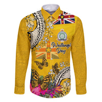Niue Waitangi Family Matching Off Shoulder Maxi Dress and Hawaiian Shirt Tropical Flower Tapa Pattern LT03 Dad's Shirt - Long Sleeve Yellow - Polynesian Pride