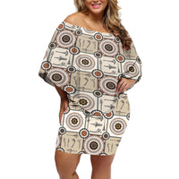 Tukenny Pattern Fijian War Clubs Off Shoulder Short Dress LT03 Women Beige - Polynesian Pride