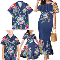 Hawaiian Turtles and Tropical Plants Family Matching Mermaid Dress and Hawaiian Shirt Blue Watercolor