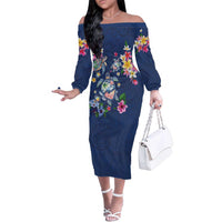 Hawaiian Turtles and Tropical Plants Family Matching Off The Shoulder Long Sleeve Dress and Hawaiian Shirt Blue Watercolor
