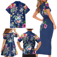 Hawaiian Turtles and Tropical Plants Family Matching Short Sleeve Bodycon Dress and Hawaiian Shirt Blue Watercolor