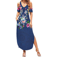 Hawaiian Turtles and Tropical Plants Family Matching Summer Maxi Dress and Hawaiian Shirt Blue Watercolor