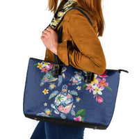 Hawaiian Turtles and Tropical Plants Leather Tote Bag Blue Watercolor LT03 Blue - Polynesian Pride
