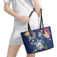 Hawaiian Turtles and Tropical Plants Leather Tote Bag Blue Watercolor LT03 - Polynesian Pride