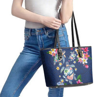 Hawaiian Turtles and Tropical Plants Leather Tote Bag Blue Watercolor LT03 - Polynesian Pride