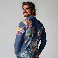 Hawaiian Turtles and Tropical Plants Long Sleeve Polo Shirt Blue Watercolor LT03 - Polynesian Pride