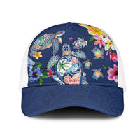 Hawaiian Turtles and Tropical Plants Mesh Trucker Cap Blue Watercolor LT03 One Size White Blue - Polynesian Pride