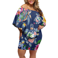 Hawaiian Turtles and Tropical Plants Off Shoulder Short Dress Blue Watercolor