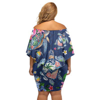 Hawaiian Turtles and Tropical Plants Off Shoulder Short Dress Blue Watercolor