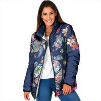 Hawaiian Turtles and Tropical Plants Padded Jacket Blue Watercolor LT03 Women Blue - Polynesian Pride