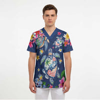 Hawaiian Turtles and Tropical Plants Scrub Top Blue Watercolor LT03 - Polynesian Pride