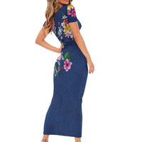 Hawaiian Turtles and Tropical Plants Short Sleeve Bodycon Dress Blue Watercolor LT03 - Polynesian Pride