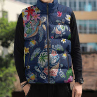 Hawaiian Turtles and Tropical Plants Sleeveless Puffer Jacket Blue Watercolor LT03 - Polynesian Pride