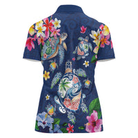 Hawaiian Turtles and Tropical Plants Women Polo Shirt Blue Watercolor LT03 - Polynesian Pride