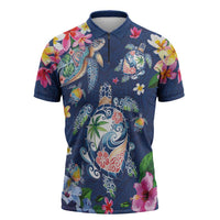 Hawaiian Turtles and Tropical Plants Zipper Polo Shirt Blue Watercolor LT03 Blue - Polynesian Pride