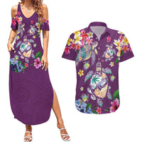 Hawaiian Turtles and Tropical Plants Couples Matching Summer Maxi Dress and Hawaiian Shirt Purple Watercolor