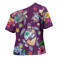 Hawaiian Turtles and Tropical Plants Cross Shoulder Shirt Purple Watercolor LT03 - Polynesian Pride