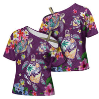 Hawaiian Turtles and Tropical Plants Cross Shoulder Shirt Purple Watercolor LT03 - Polynesian Pride