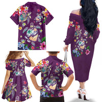 Hawaiian Turtles and Tropical Plants Family Matching Off The Shoulder Long Sleeve Dress and Hawaiian Shirt Purple Watercolor