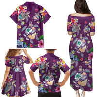 Hawaiian Turtles and Tropical Plants Family Matching Puletasi and Hawaiian Shirt Purple Watercolor