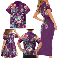 Hawaiian Turtles and Tropical Plants Family Matching Short Sleeve Bodycon Dress and Hawaiian Shirt Purple Watercolor