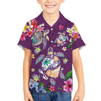 Hawaiian Turtles and Tropical Plants Family Matching Tank Maxi Dress and Hawaiian Shirt Purple Watercolor