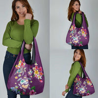 Hawaiian Turtles and Tropical Plants Grocery Bag Purple Watercolor